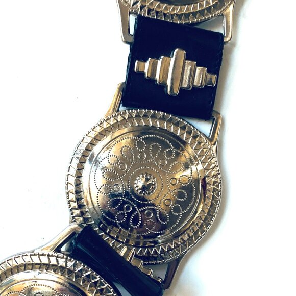 BELT High-End Black 100% Leather Silver Disc Wide Bo Ho Western Style - Picture 11 of 12